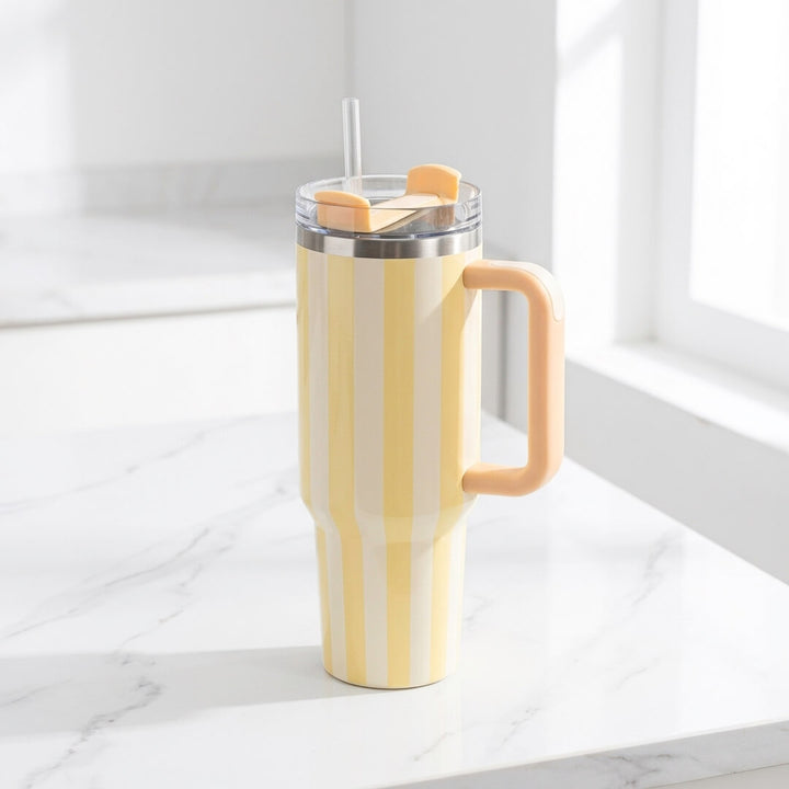 yellow striped 40oz insulated tumbler with handle