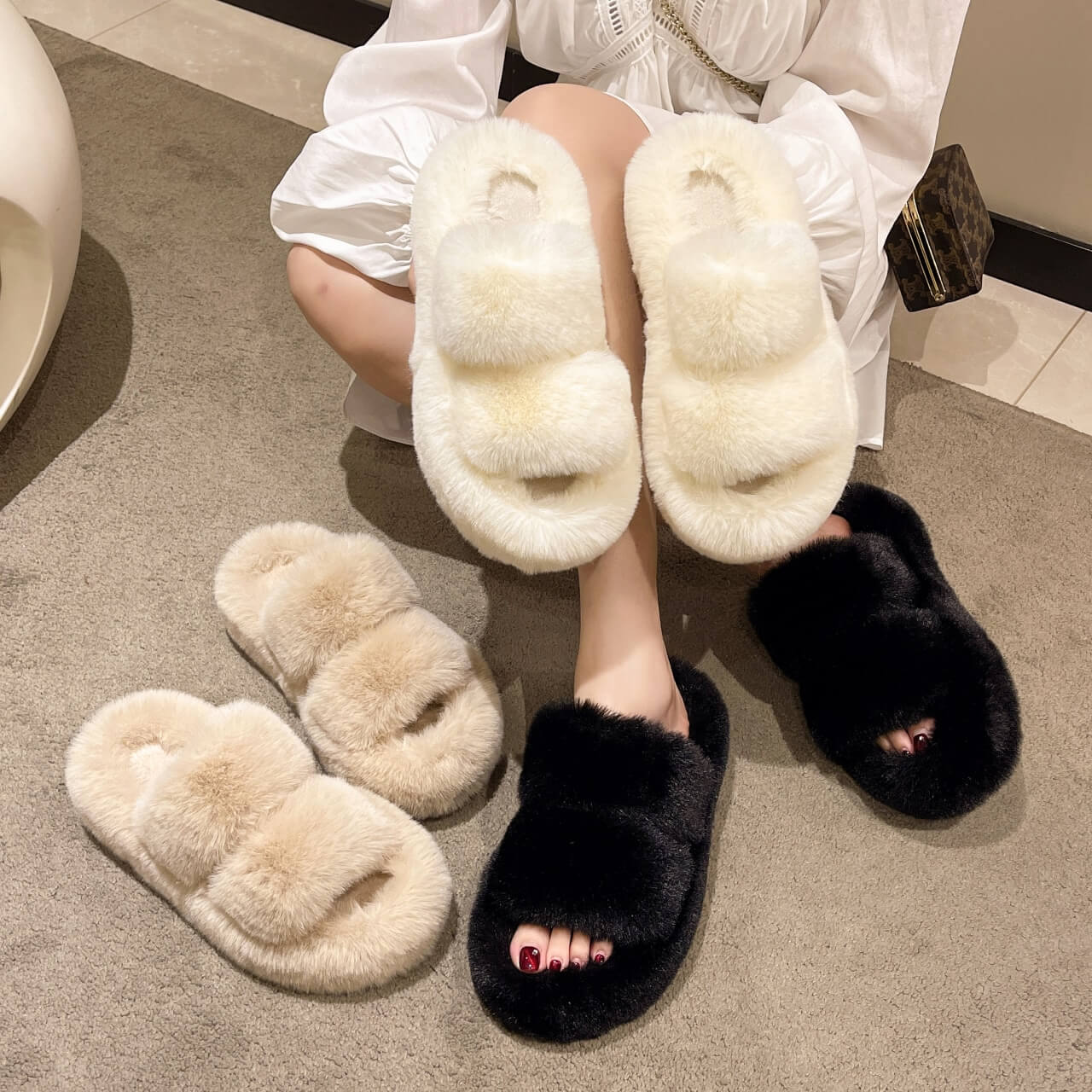 Ella Faux Fur Women's Home Slippers Slide Shoes, Black by Nordic Peace
