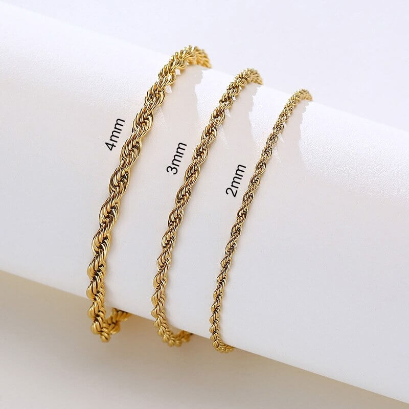 Gold rope chain bracelets in 4mm, 3mm, and 2mm variations