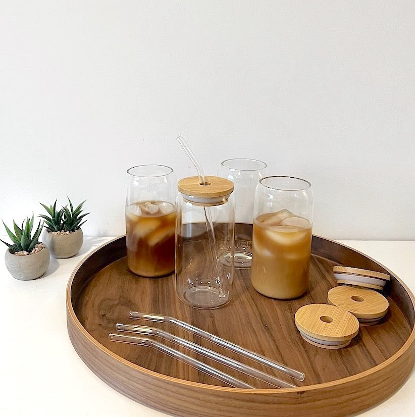 Modern Glass Cups With Bamboo Lids & Straws 4pcs Set – Nordic Peace