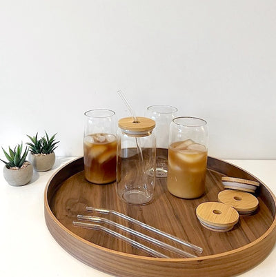 Modern Glass Cups With Bamboo Lids & Straws 4pcs Set
