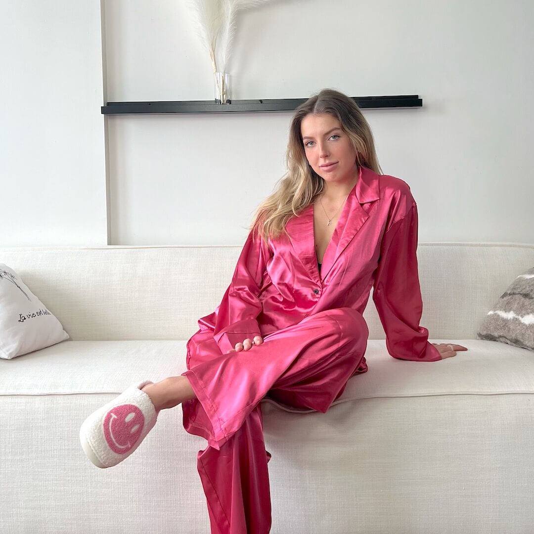Pink Warm Silk Pajamas Cassy Oversized Satin Silk Sleepwear Pajama Set