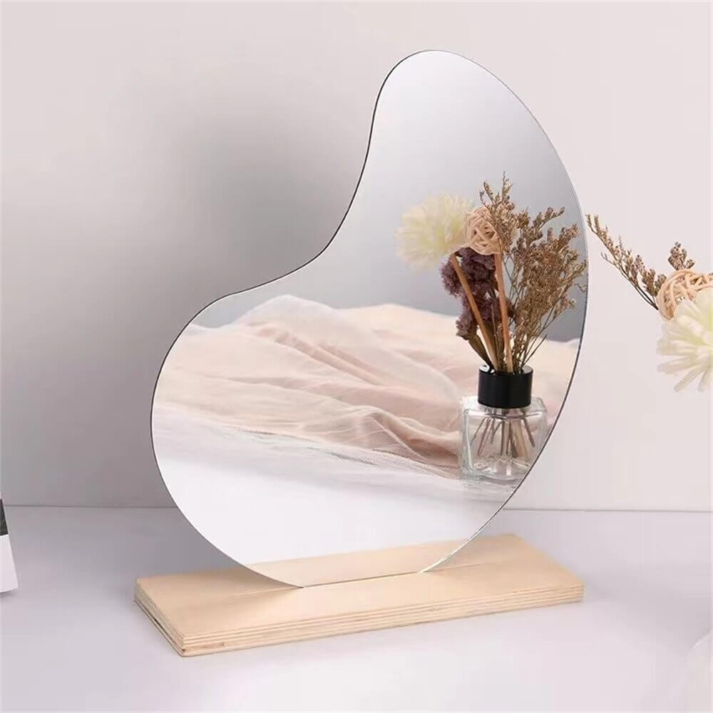 Irregular acrylic makeup mirror with wooden base