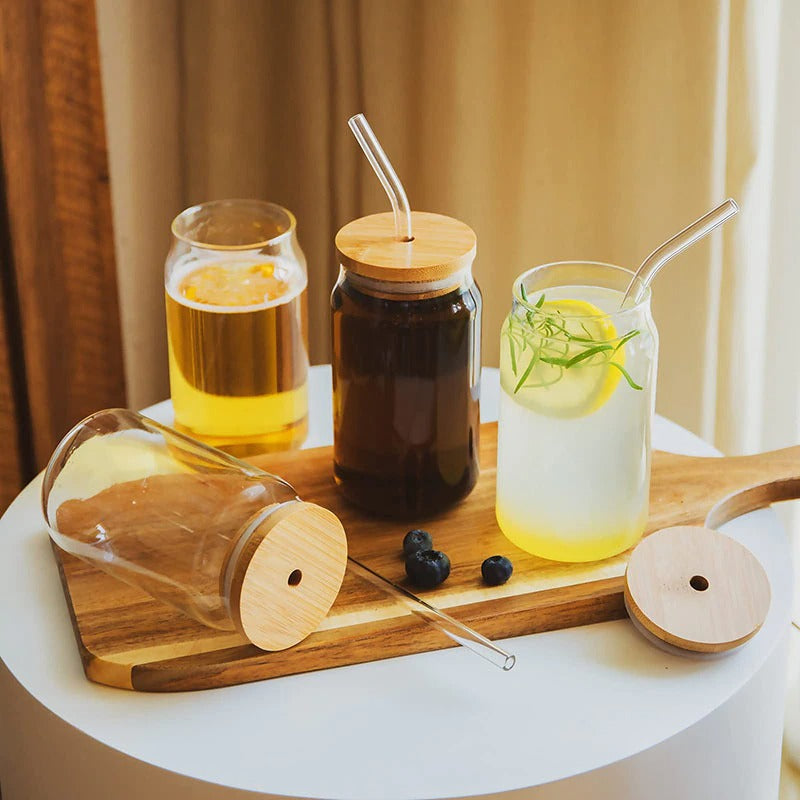 Drinking Glasses with Bamboo Lids and Glass Straw 4pcs Set - 2