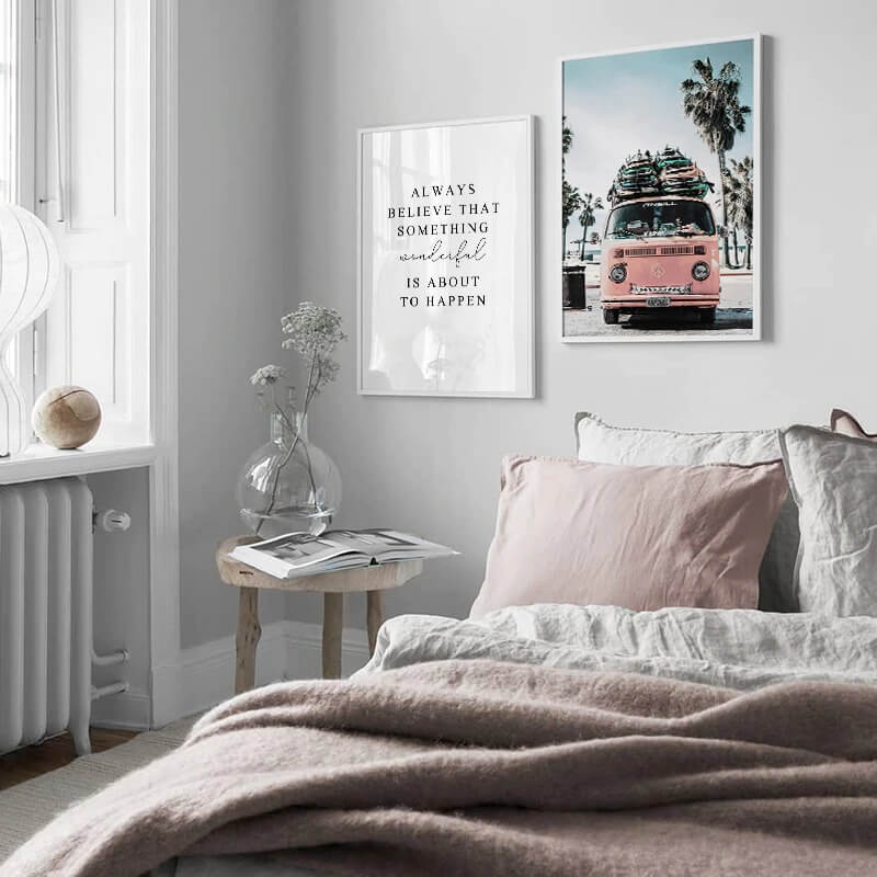 Sunny beach poster with pink van and inspirational quote